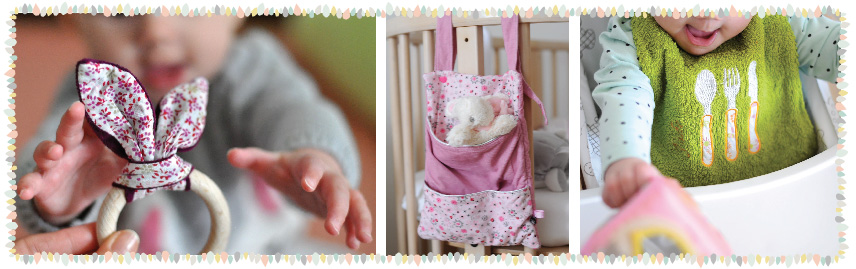 Cadeaux de naissance DIY de 3MetCie. Range-doudou, bavoir brodé et hochet lapin